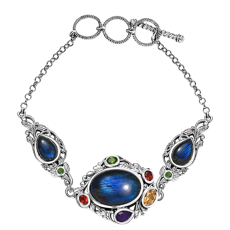 Karis Malagasy Labradorite and Multi Gemstone 19.35 ctw Celestial Garden Bracelet in Platinum Bon (7.25 In)