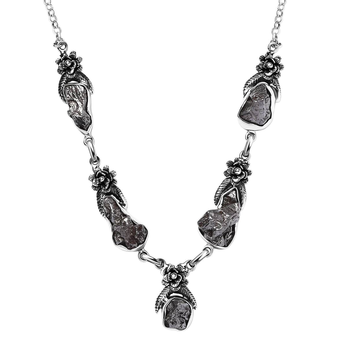 Artisan Crafted Rough Cut Marvelous Meteorite Floral Necklace in Black Oxidized Sterling Silver 18-20 Inches image number 0