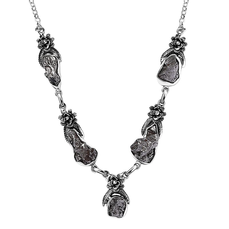 D'Joy Artisan Crafted Rough Cut Marvelous Meteorite Floral Necklace in Black Oxidized Sterling Silver 18-20 Inches