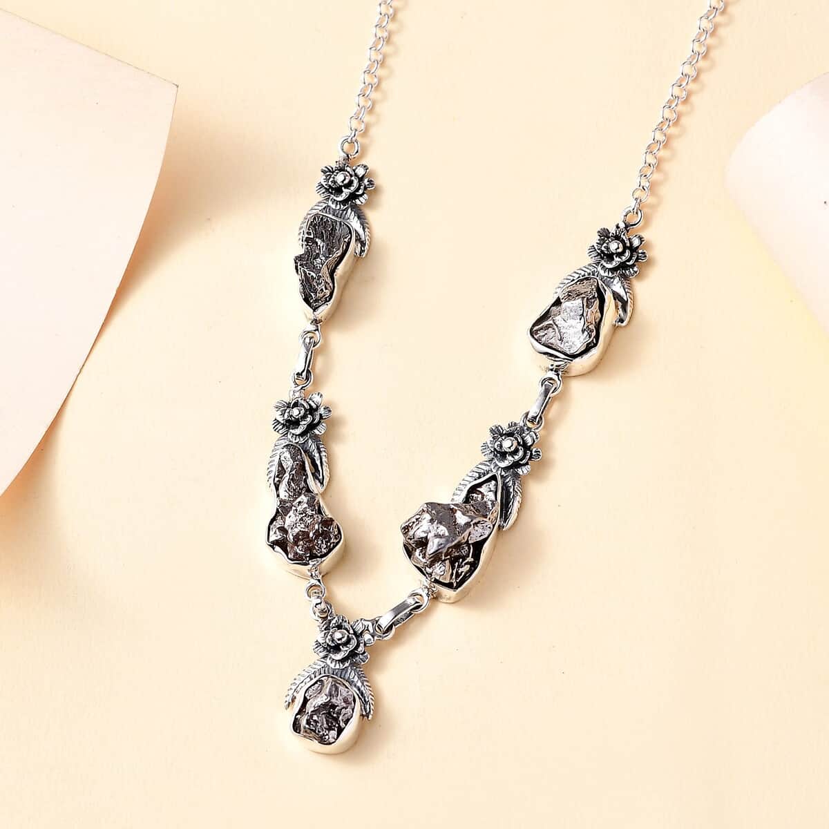 Artisan Crafted Rough Cut Marvelous Meteorite Floral Necklace in Black Oxidized Sterling Silver 18-20 Inches image number 1