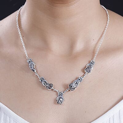 D'Joy Artisan Crafted Rough Cut Marvelous Meteorite Floral Necklace in Black Oxidized Sterling Silver 18-20 Inches