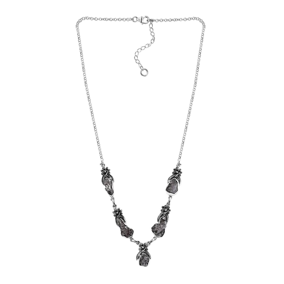 Artisan Crafted Rough Cut Marvelous Meteorite Floral Necklace in Black Oxidized Sterling Silver 18-20 Inches image number 3