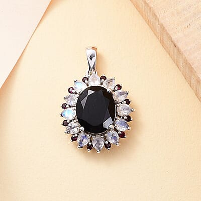 California Black Jade and Multi Gemstone 6.90 ctw Dahlia Bloom Pendant without Chain in Rhodium Over Sterling Silver