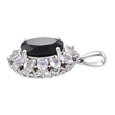 California Black Jade and Multi Gemstone 6.90 ctw Dahlia Bloom Pendant without Chain in Rhodium Over Sterling Silver