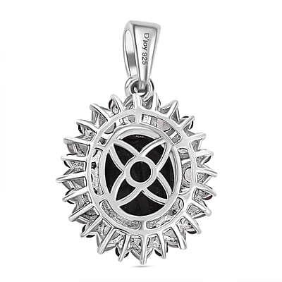 California Black Jade and Multi Gemstone 6.90 ctw Dahlia Bloom Pendant without Chain in Rhodium Over Sterling Silver