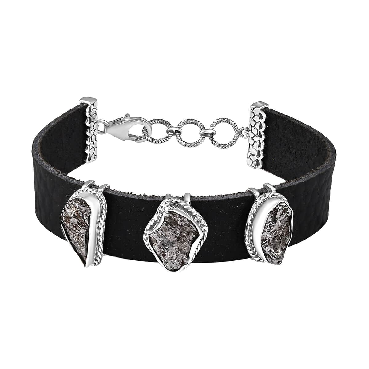 Artisan Crafted Rough Cut Marvelous Meteorite Leather Bracelet in Black Oxidized Sterling Silver (6.50-8.0In) image number 0