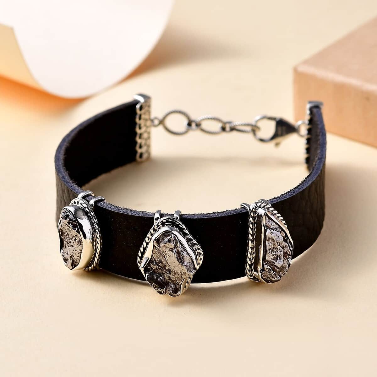 Artisan Crafted Rough Cut Marvelous Meteorite Leather Bracelet in Black Oxidized Sterling Silver (6.50-8.0In) image number 1