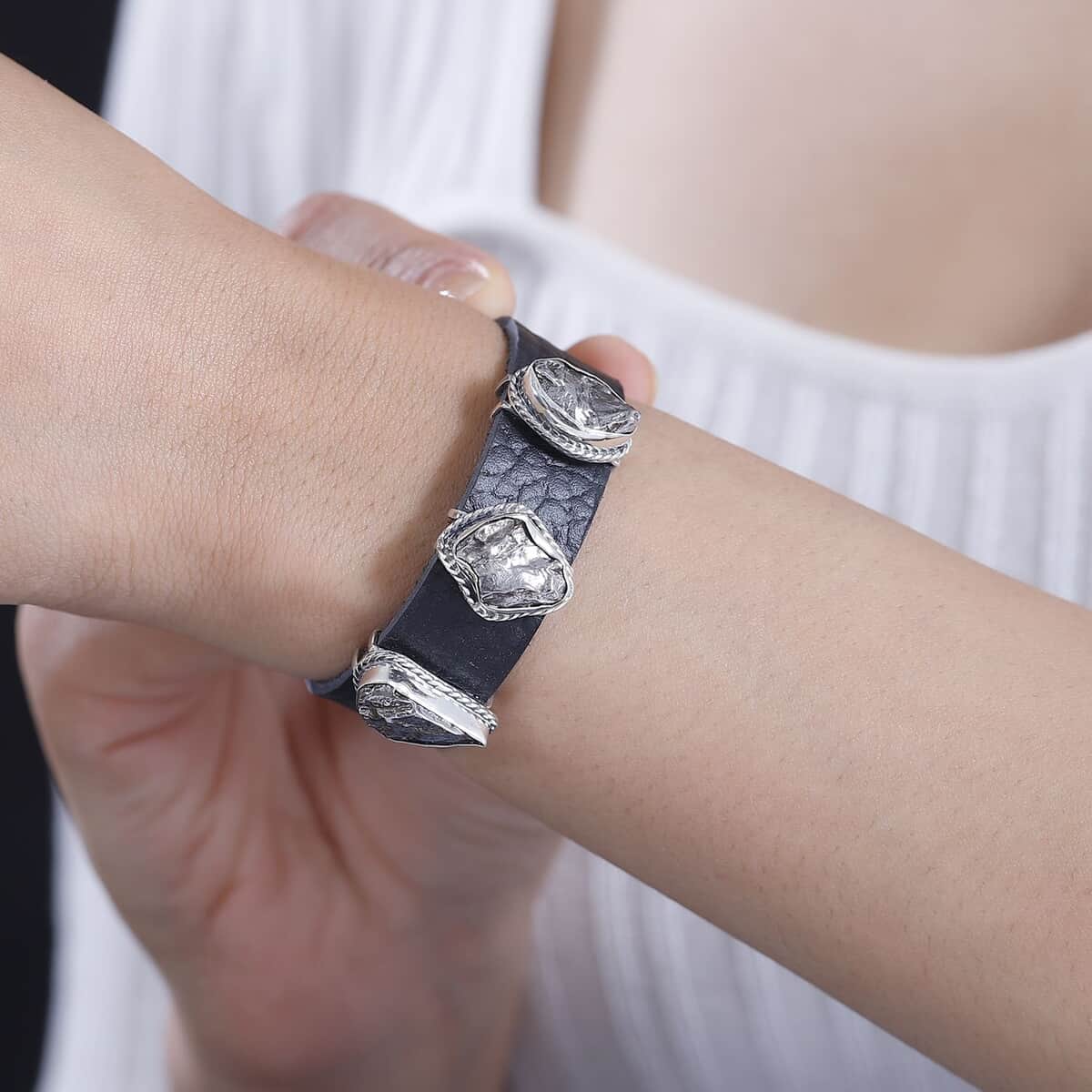 Artisan Crafted Rough Cut Marvelous Meteorite Leather Bracelet in Black Oxidized Sterling Silver (6.50-8.0In) image number 2