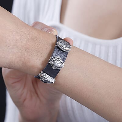D'Joy Artisan Crafted Rough Cut Marvelous Meteorite Leather Bracelet in Black Oxidized Sterling Silver (6.50-8.0In)