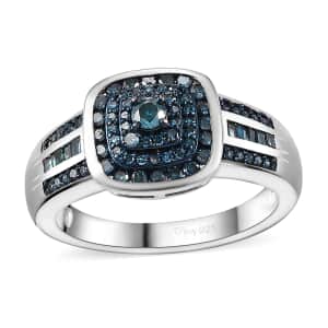 Blue Diamond 0.50 ctw Azure Halo Ring in Rhodium Over Sterling Silver (Size 10.0)