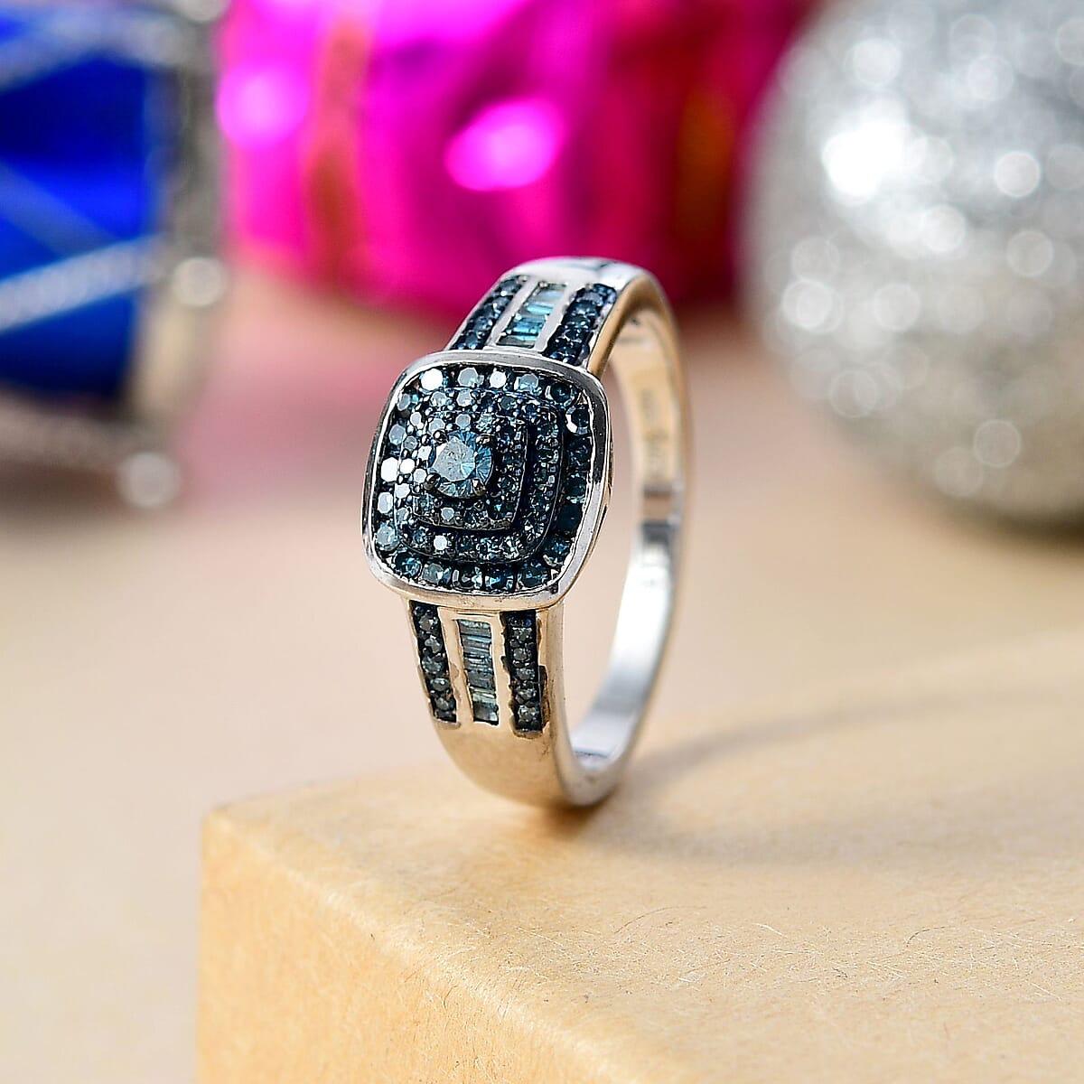 D'Joy Blue Diamond 0.50 ctw Azure Halo Ring in Rhodium Over Sterling Silver (Size 7.0) image number 1