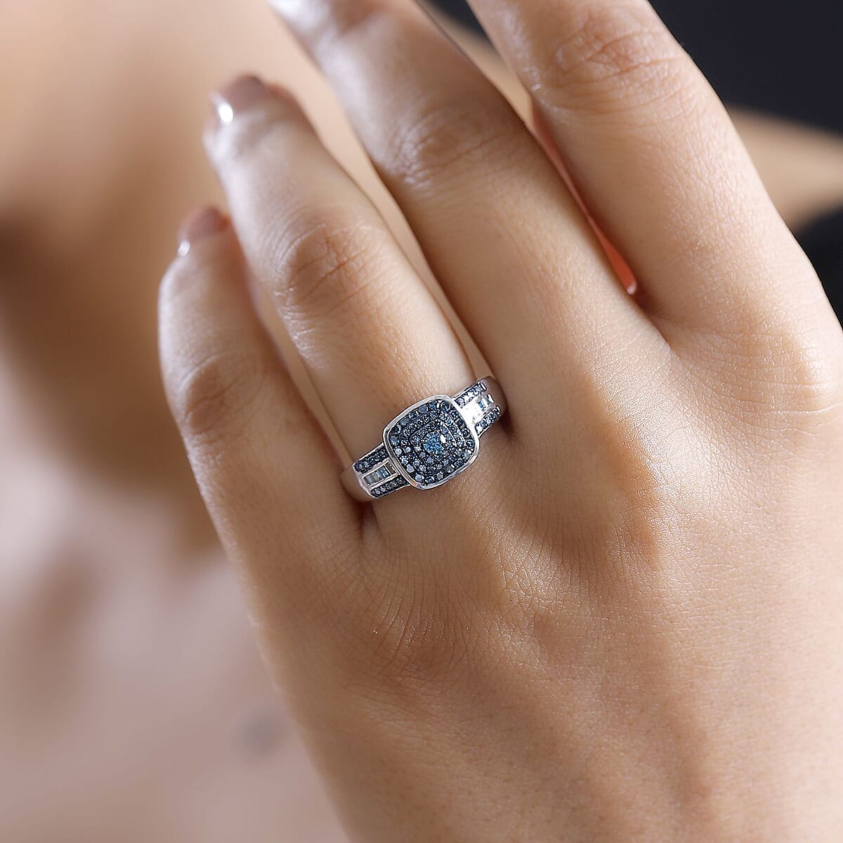 D'Joy Blue Diamond 0.50 ctw Azure Halo Ring in Rhodium Over Sterling Silver (Size 7.0) image number 2