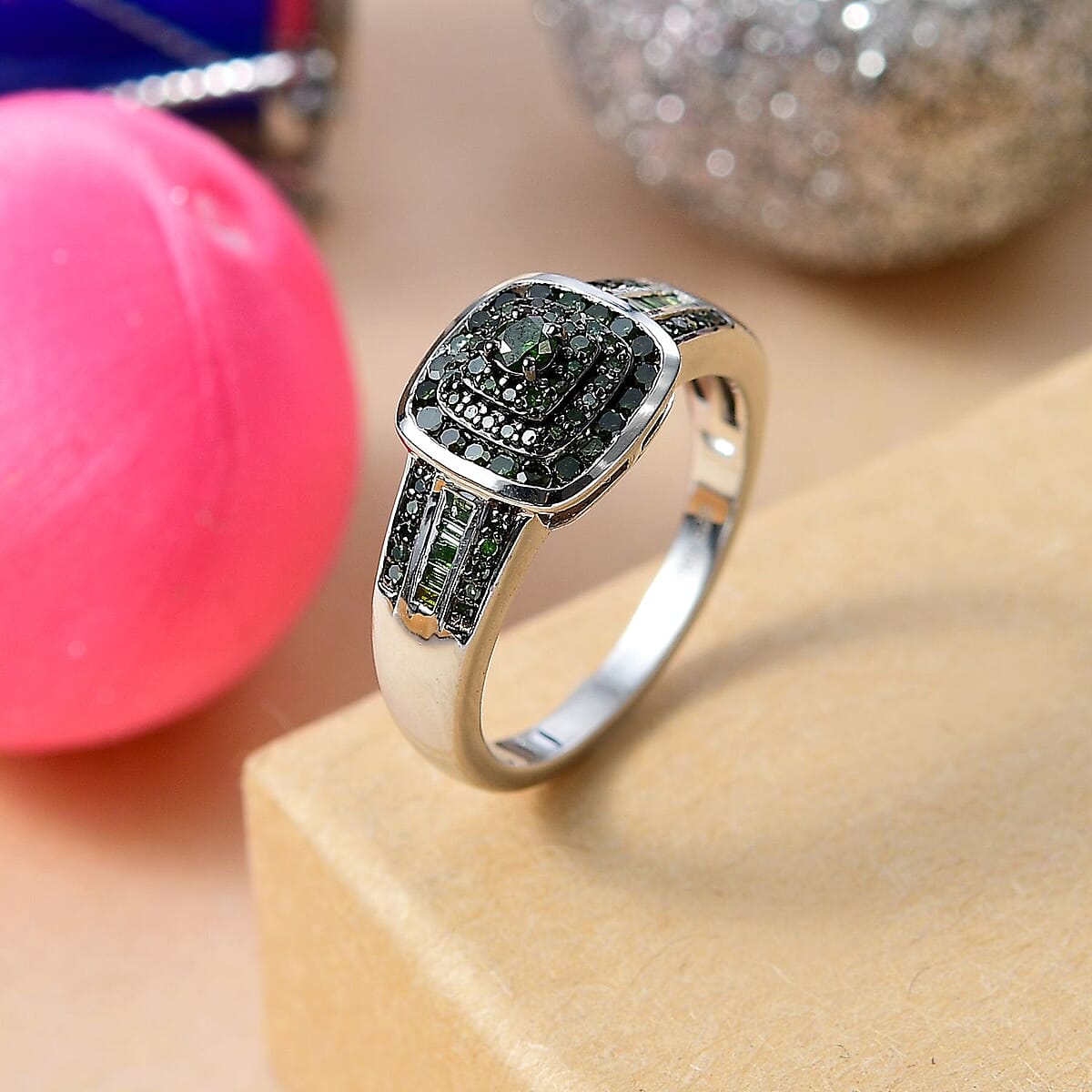 Green Diamond 0.50 ctw Azure Halo Ring in Rhodium Over Sterling Silver (Size 6.0) image number 1