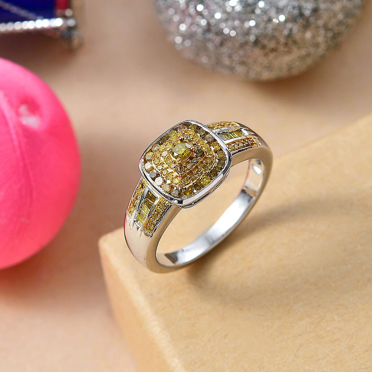 D'Joy Yellow Diamond 0.50 ctw Azure Halo Ring in Rhodium Over Sterling Silver (Size 9.0) image number 1