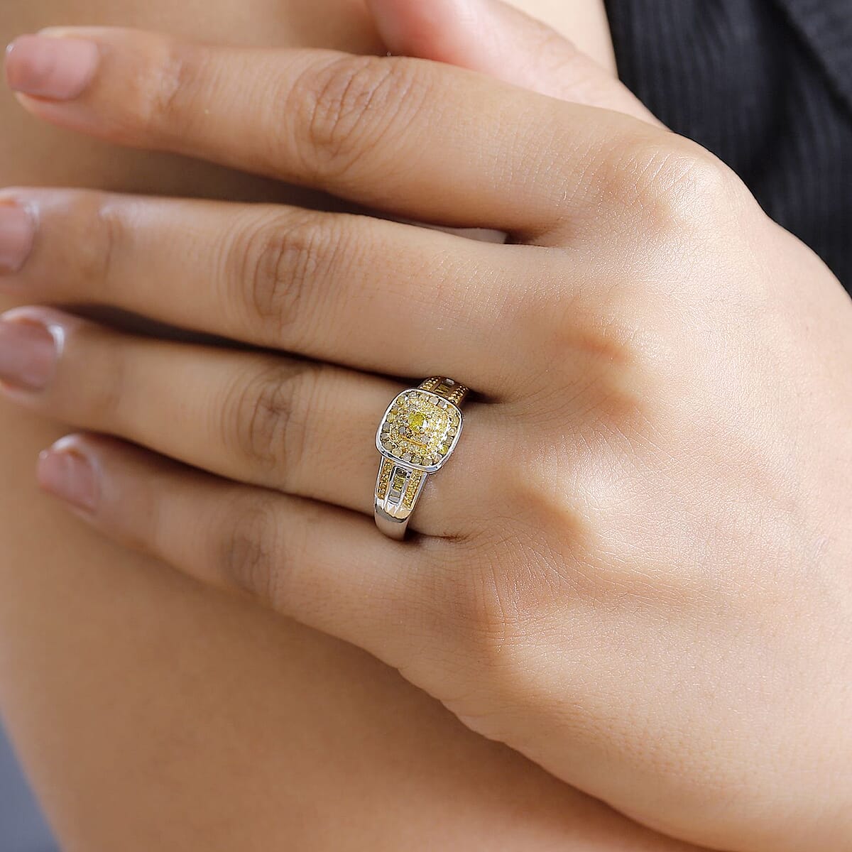 D'Joy Yellow Diamond 0.50 ctw Azure Halo Ring in Rhodium Over Sterling Silver (Size 9.0) image number 2