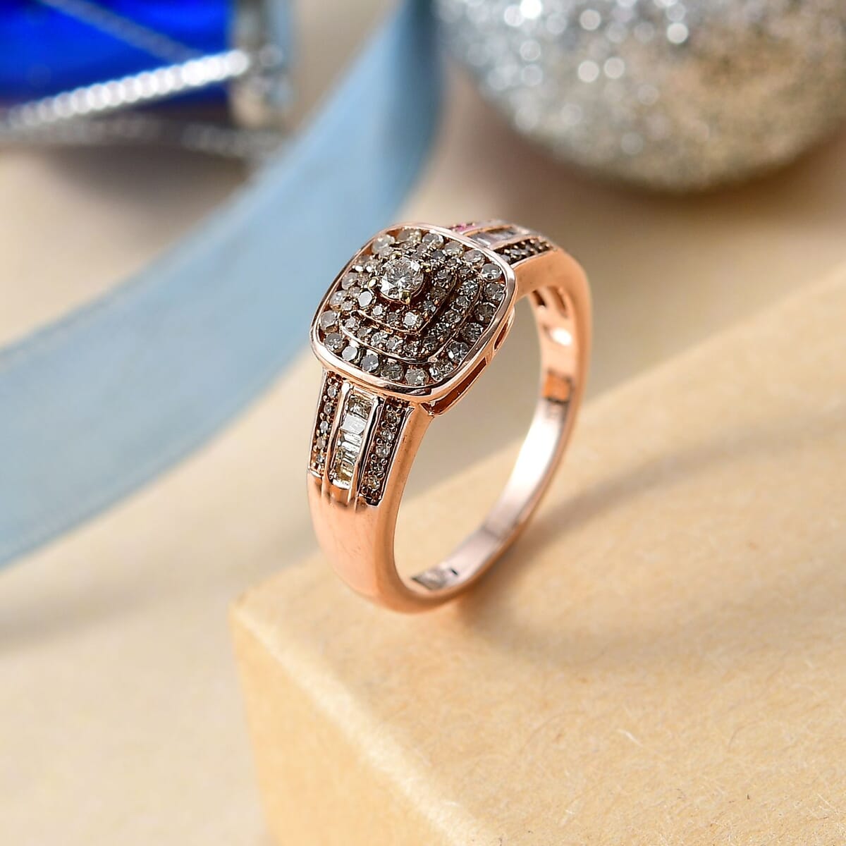 Natural Champagne Diamond 0.50 ctw Azure Halo Ring in 18K Vermeil Rose Gold Over Sterling Silver (Size 7.0) image number 1