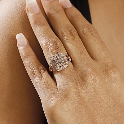 D'Joy Natural Champagne Diamond 1.00 ctw Art Deco Ring in 18K Vermeil Rose Gold Over Sterling Silver (Size 10.0)