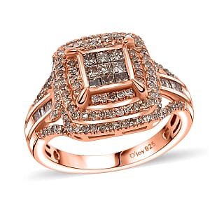 D'Joy Natural Champagne Diamond 1.00 ctw Art Deco Ring in 18K Vermeil Rose Gold Over Sterling Silver (Size 8.0)