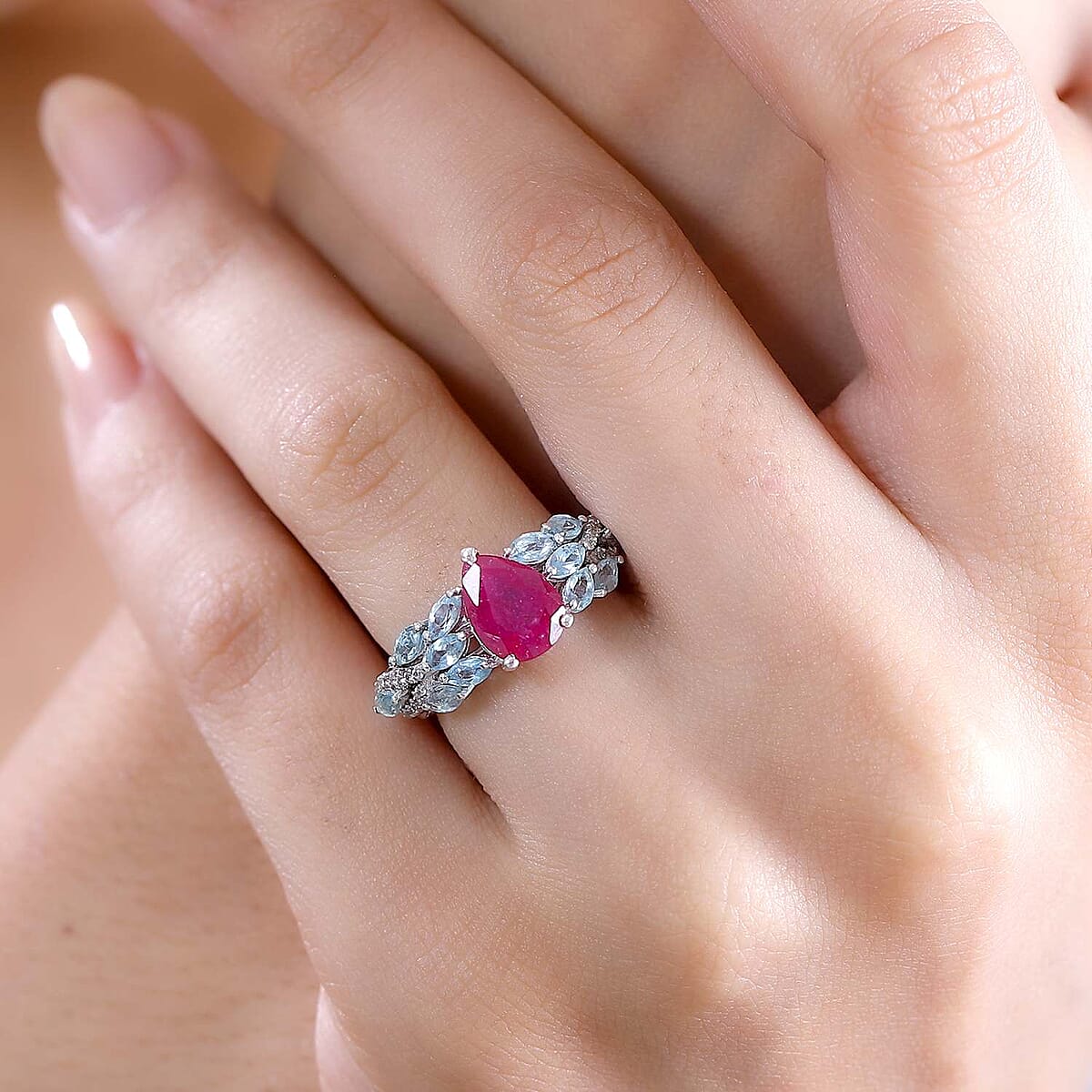 Niassa Ruby (FF) and Multi Gemstone 2.80 ctw Ring in Rhodium Over Sterling Silver (Size 8.0) image number 2