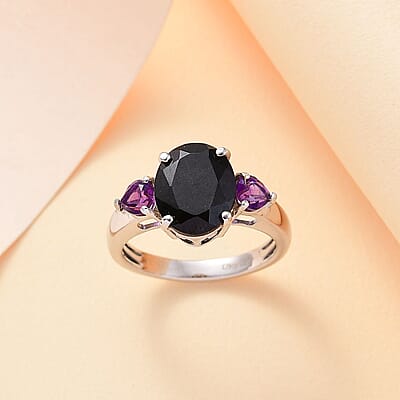 California Black Jade and African Amethyst 4.20 ctw Elegant Ring in Rhodium Over Sterling Silver (Size 10.0)