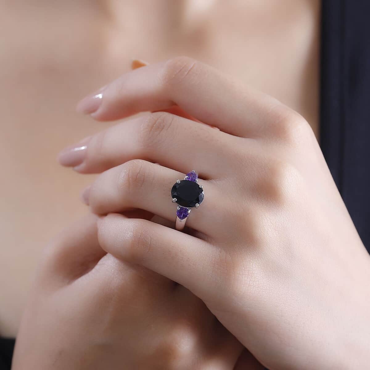 California Black Jade and African Amethyst 4.20 ctw Elegant Ring in Rhodium Over Sterling Silver (Size 10.0) image number 2