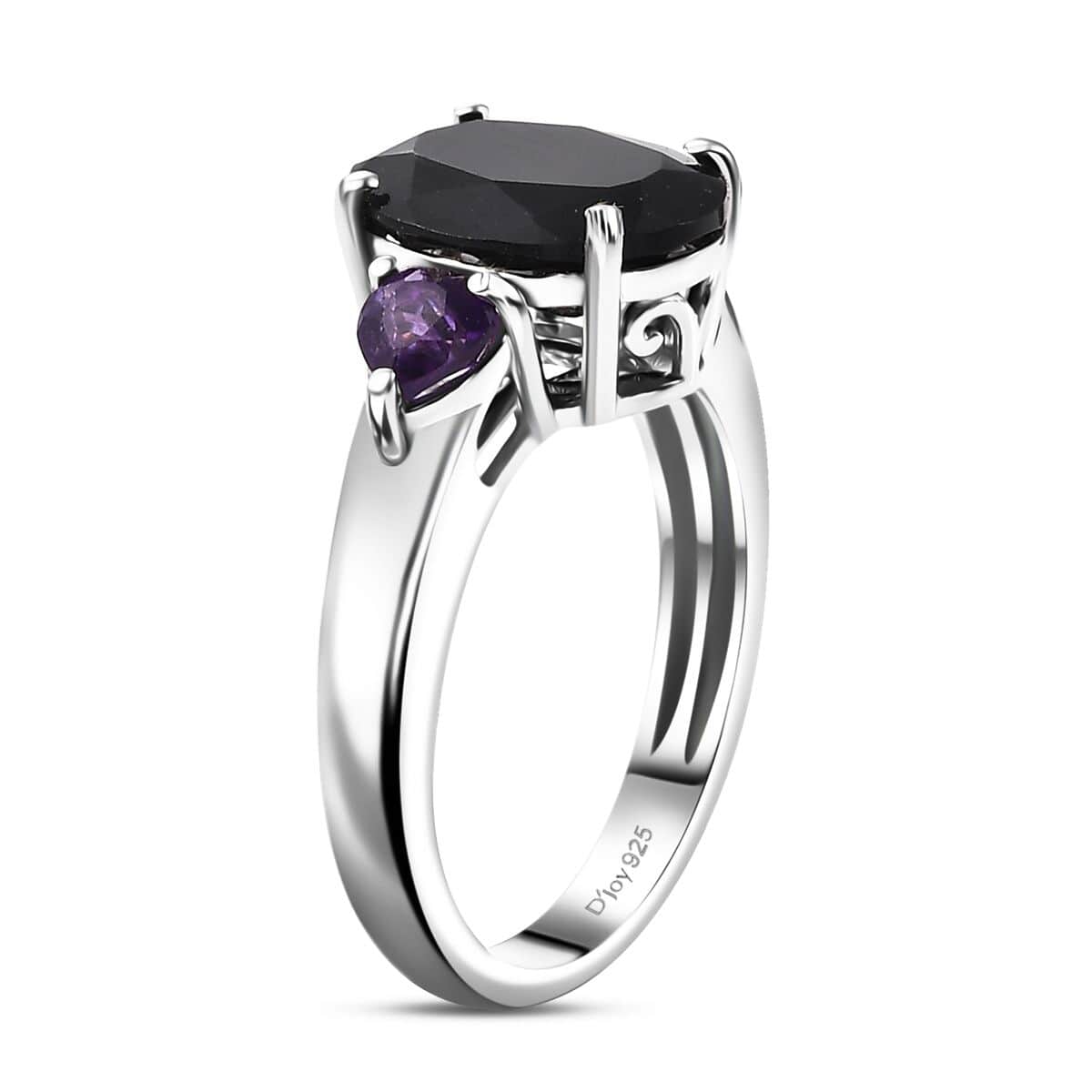 California Black Jade and African Amethyst 4.20 ctw Elegant Ring in Rhodium Over Sterling Silver (Size 10.0) image number 3