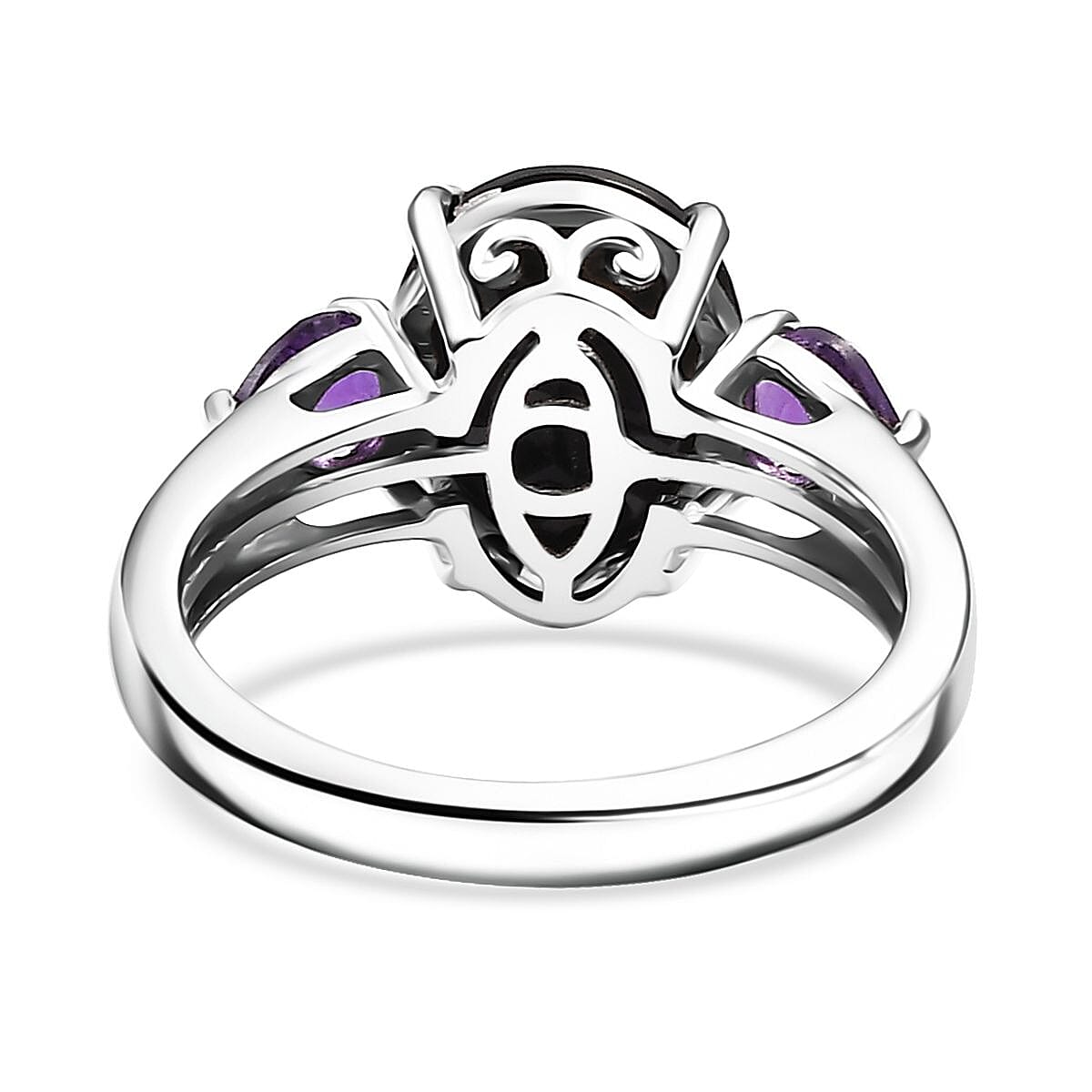 California Black Jade and African Amethyst 4.20 ctw Elegant Ring in Rhodium Over Sterling Silver (Size 10.0)