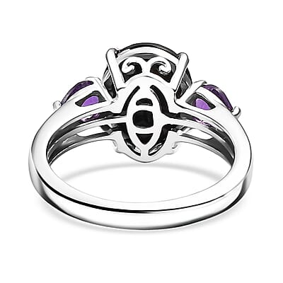 California Black Jade and African Amethyst 4.20 ctw Elegant Ring in Rhodium Over Sterling Silver (Size 10.0)