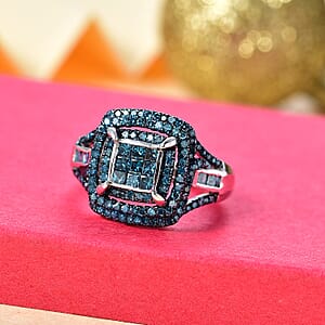 Blue Diamond 1.00 ctw Art Deco Ring in Rhodium Over Sterling Silver (Size 10.0)