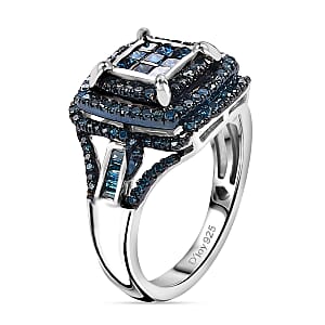 Blue Diamond 1.00 ctw Art Deco Ring in Rhodium Over Sterling Silver (Size 10.0)