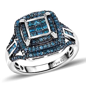 Blue Diamond 1.00 ctw Art Deco Ring in Rhodium Over Sterling Silver (Size 9.0)