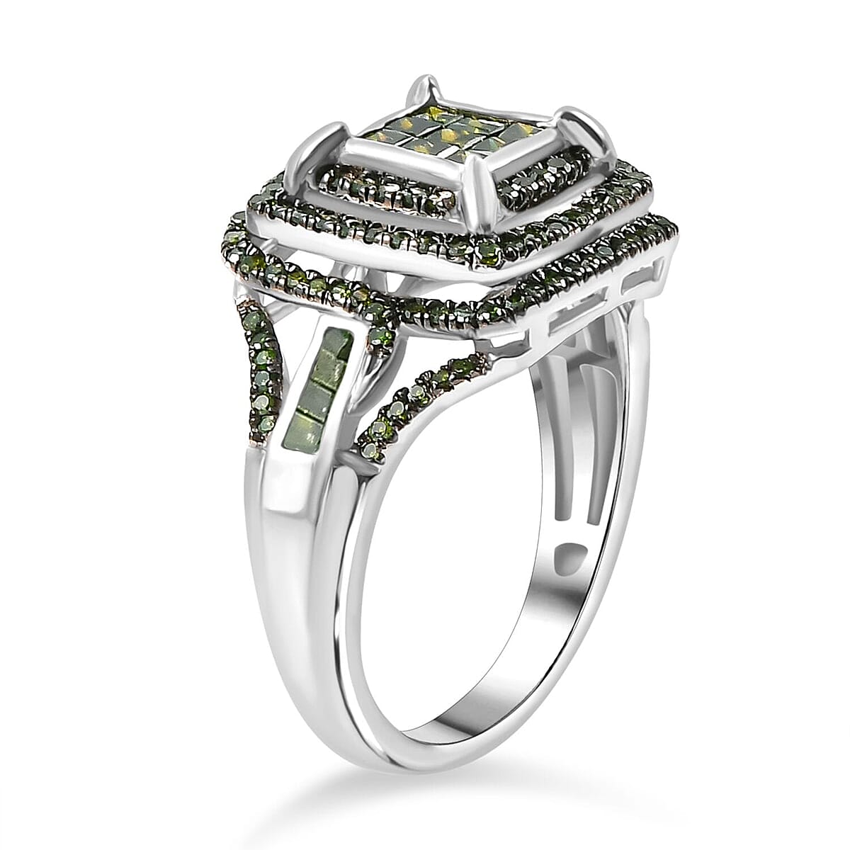 Green Diamond 1.00 ctw Art Deco Ring in Rhodium Over Sterling Silver (Size 6.0) image number 3