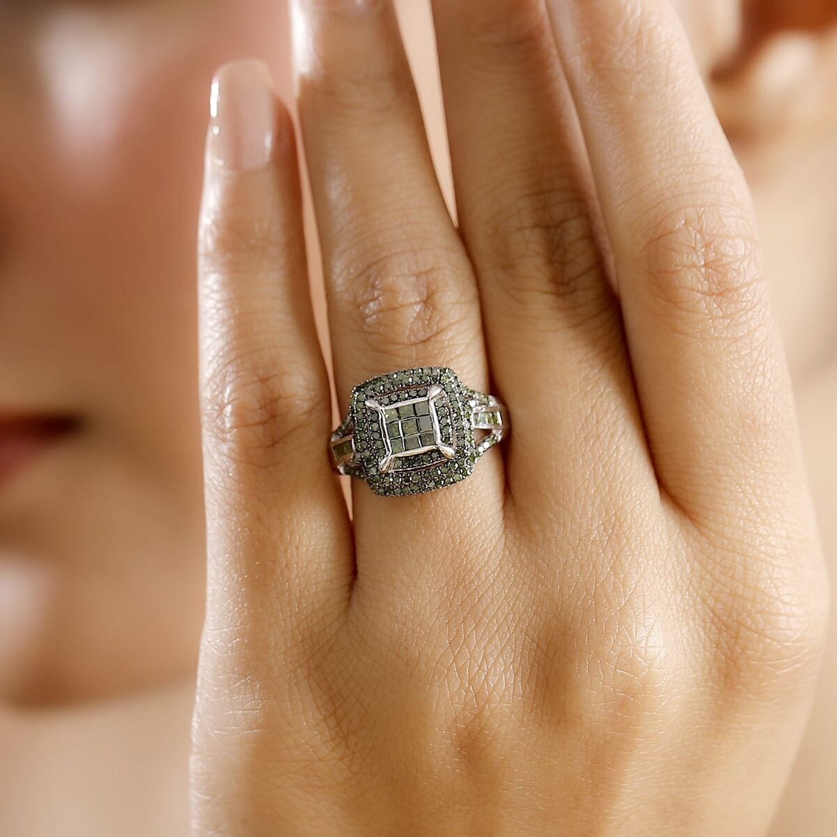 Green Diamond 1.00 ctw Ring in Rhodium Over Sterling Silver (Size 7.0) image number 2