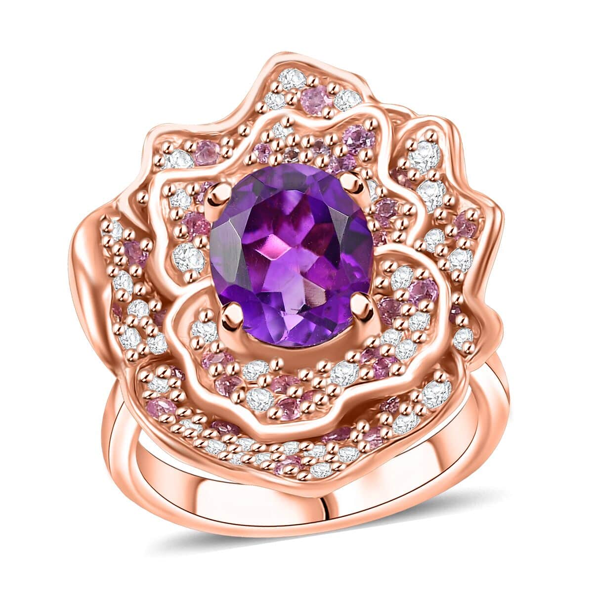 Moroccan Amethyst and Multi Gemstone 4.20 ctw Floral Ring in 18K Vermeil Rose Gold Over Sterling Silver (Size 10.0) (Del. in 8-10 Days) image number 0