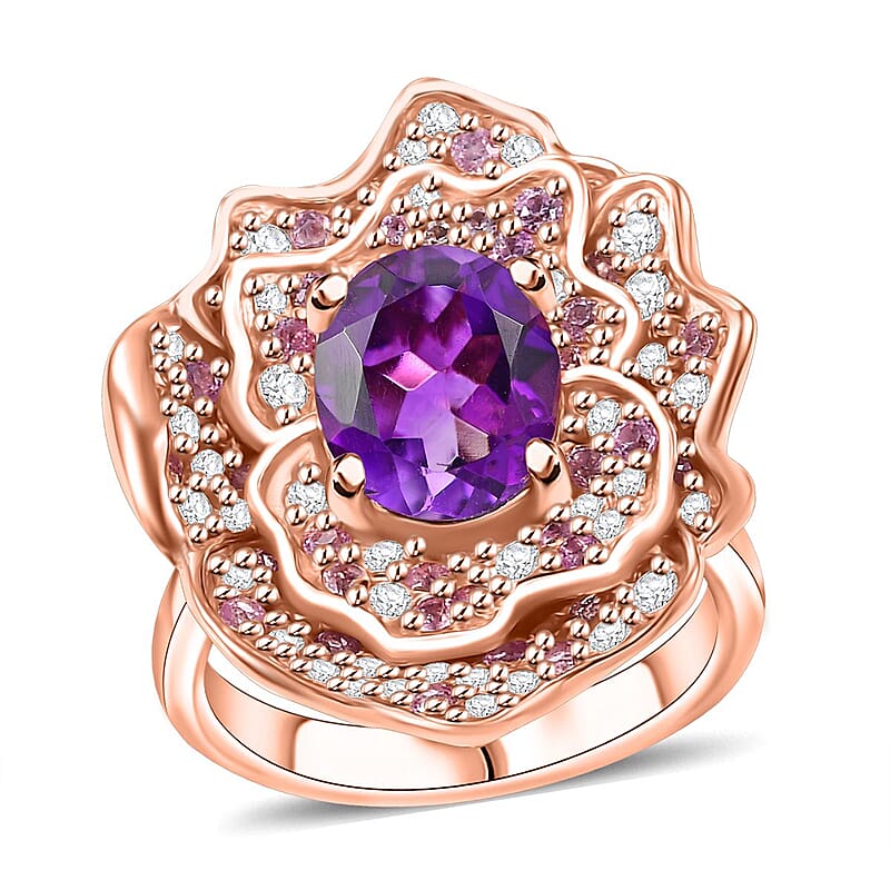 D'Joy Moroccan Amethyst and Multi Gemstone 4.20 ctw Floral Ring in 18K Vermeil Rose Gold Over Sterling Silver (Size 10.0)