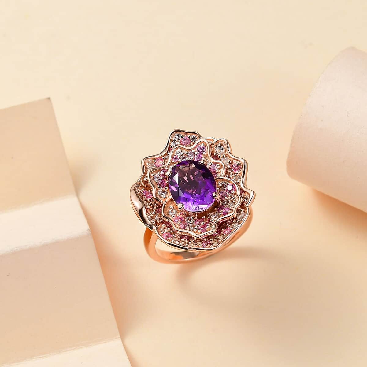 Moroccan Amethyst and Multi Gemstone 4.20 ctw Floral Ring in 18K Vermeil Rose Gold Over Sterling Silver (Size 10.0) (Del. in 8-10 Days) image number 1