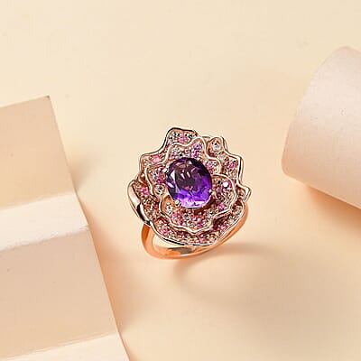 D'Joy Moroccan Amethyst and Multi Gemstone 4.20 ctw Floral Ring in 18K Vermeil Rose Gold Over Sterling Silver (Size 10.0)