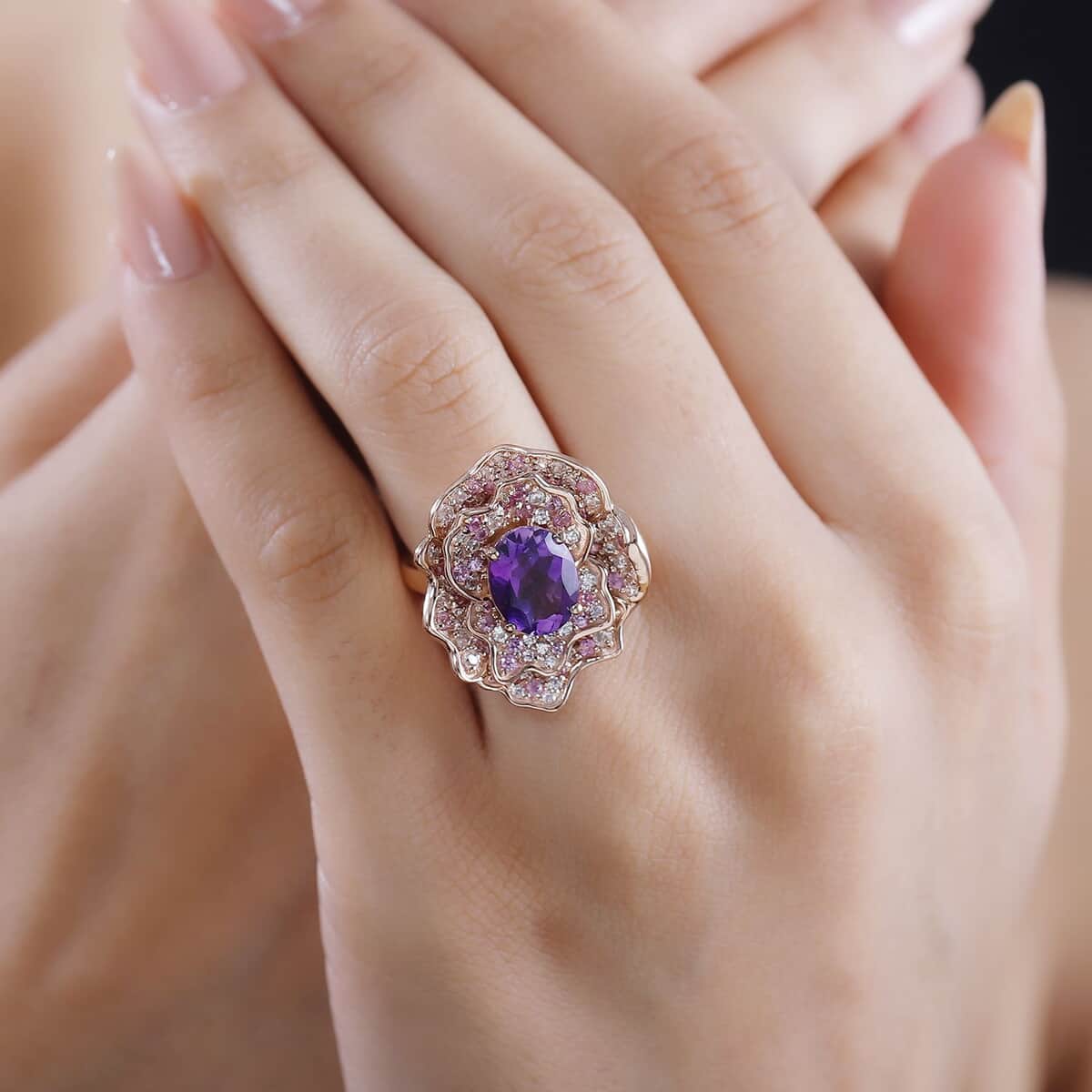 Moroccan Amethyst and Multi Gemstone 4.20 ctw Floral Ring in 18K Vermeil Rose Gold Over Sterling Silver (Size 10.0) (Del. in 8-10 Days) image number 2