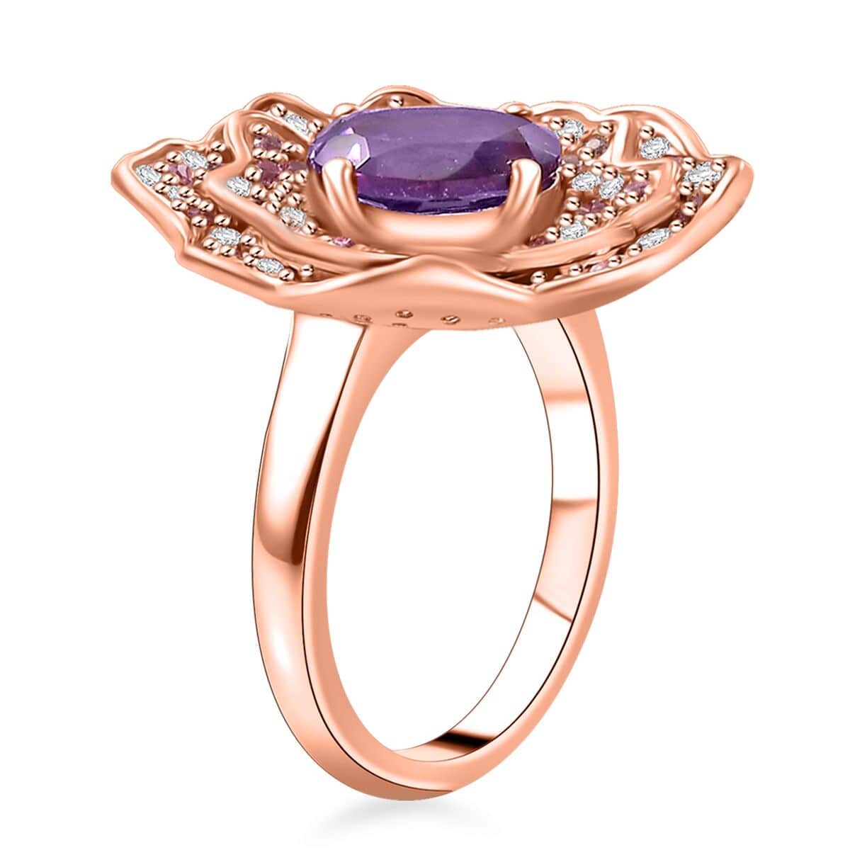 Moroccan Amethyst and Multi Gemstone 4.20 ctw Floral Ring in 18K Vermeil Rose Gold Over Sterling Silver (Size 10.0) (Del. in 8-10 Days) image number 3