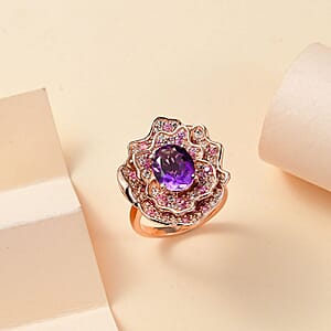 D'Joy Moroccan Amethyst and Multi Gemstone 4.20 ctw Floral Ring in 18K Vermeil Rose Gold Over Sterling Silver (Size 8.0)