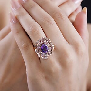 D'Joy Moroccan Amethyst and Multi Gemstone 4.20 ctw Floral Ring in 18K Vermeil Rose Gold Over Sterling Silver (Size 8.0)