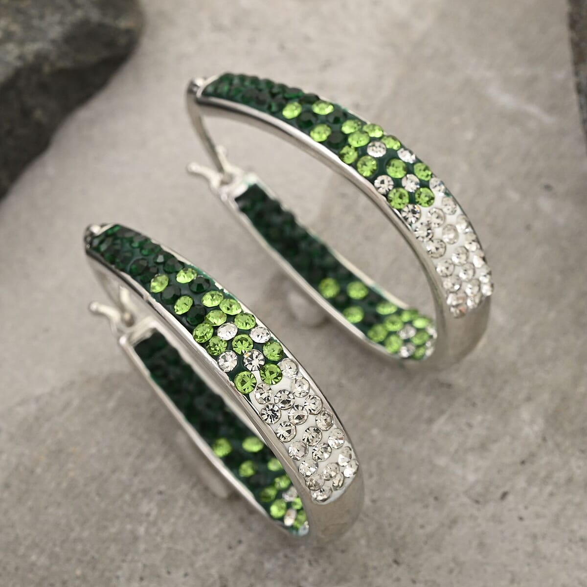 Simulated Green and White Diamond Earrings in Silvertone image number 1