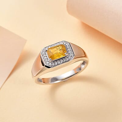 Madagascar Yellow Sapphire and Moissanite 1.35 ctw Men's Ring in Rhodium Over Sterling Silver (Size 10.0)