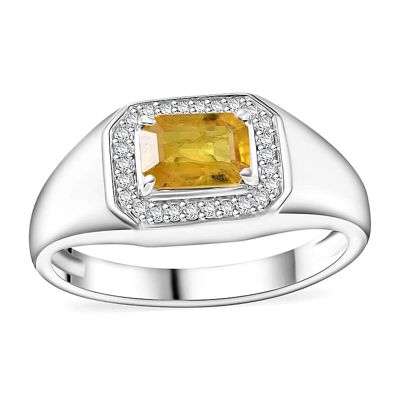 Madagascar Yellow Sapphire, Moissanite Men's Ring in Rhodium Over Sterling Silver (Size 6.0) 1.35 ctw