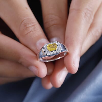 Madagascar Yellow Sapphire, Moissanite Men's Ring in Rhodium Over Sterling Silver (Size 6.0) 1.35 ctw