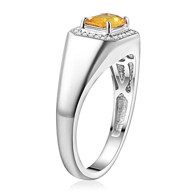 Madagascar Yellow Sapphire, Moissanite Men's Ring in Rhodium Over Sterling Silver (Size 6.0) 1.35 ctw
