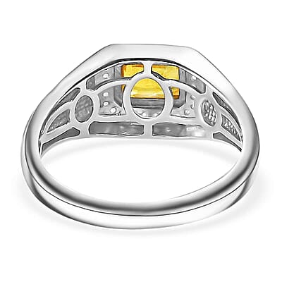 Madagascar Yellow Sapphire, Moissanite Men's Ring in Rhodium Over Sterling Silver (Size 6.0) 1.35 ctw