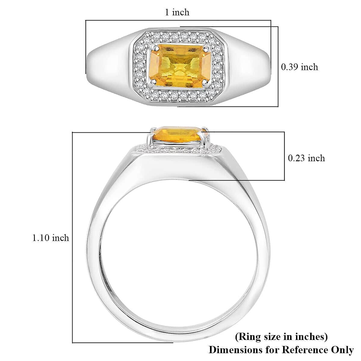 Madagascar Yellow Sapphire, Moissanite Men's Ring in Rhodium Over Sterling Silver (Size 8.0) 1.35 ctw