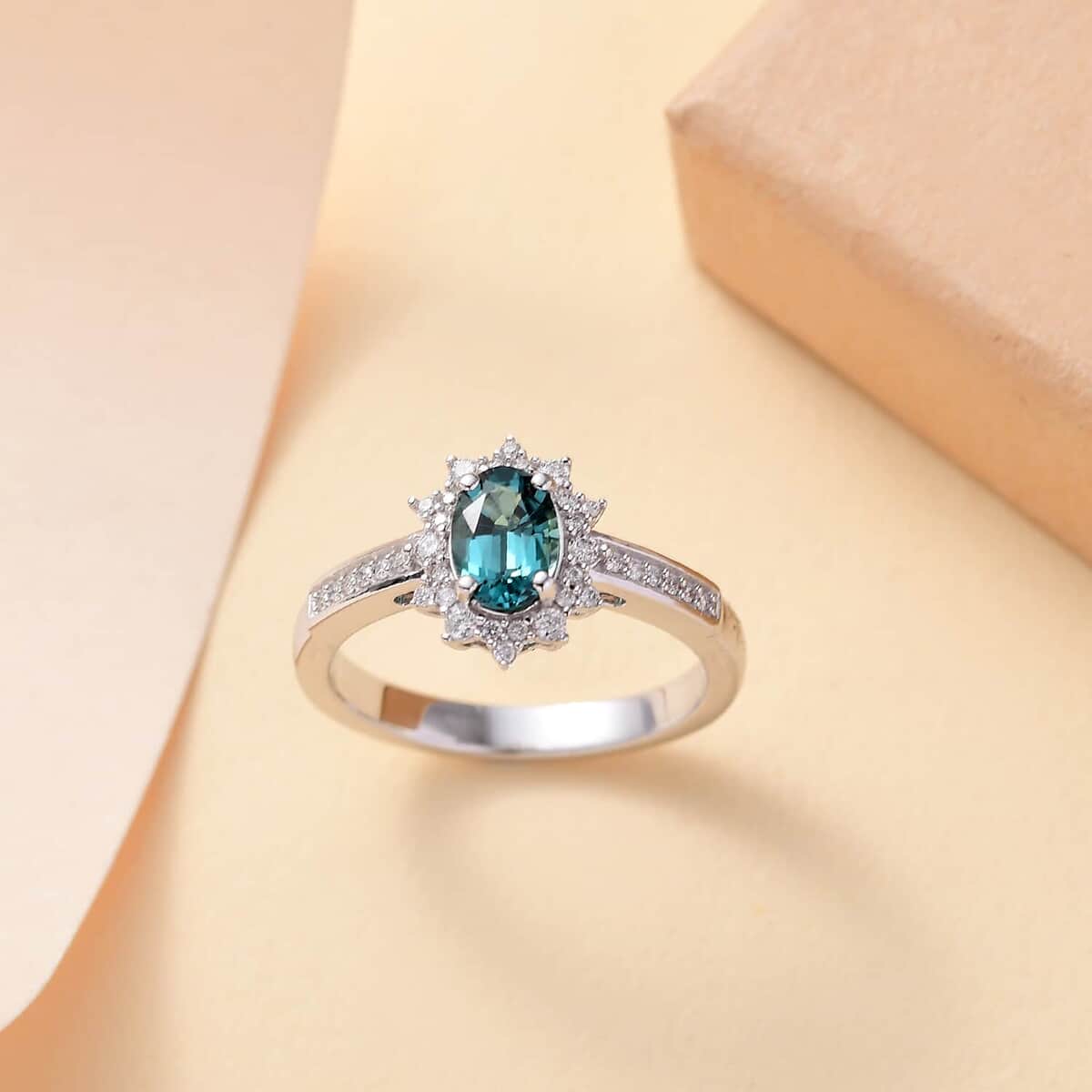 Luxoro AAA Pirineu Lagoon Tourmaline and G-H I2 Diamond 1.00 ctw Midnight Bloom Ring in 14K White Gold (Size  10.0) image number 1