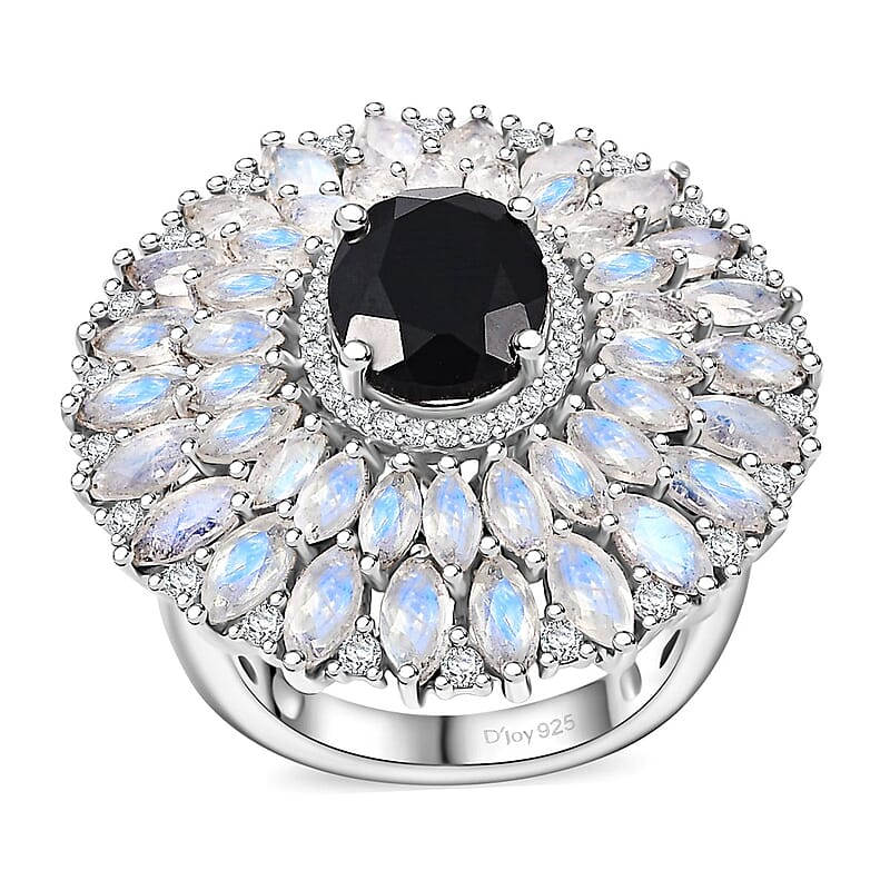 California Black Jade and Multi Gemstone 8.30 ctw Dahlia Bloom Ring in Rhodium Over Sterling Silver (Size 10.0)